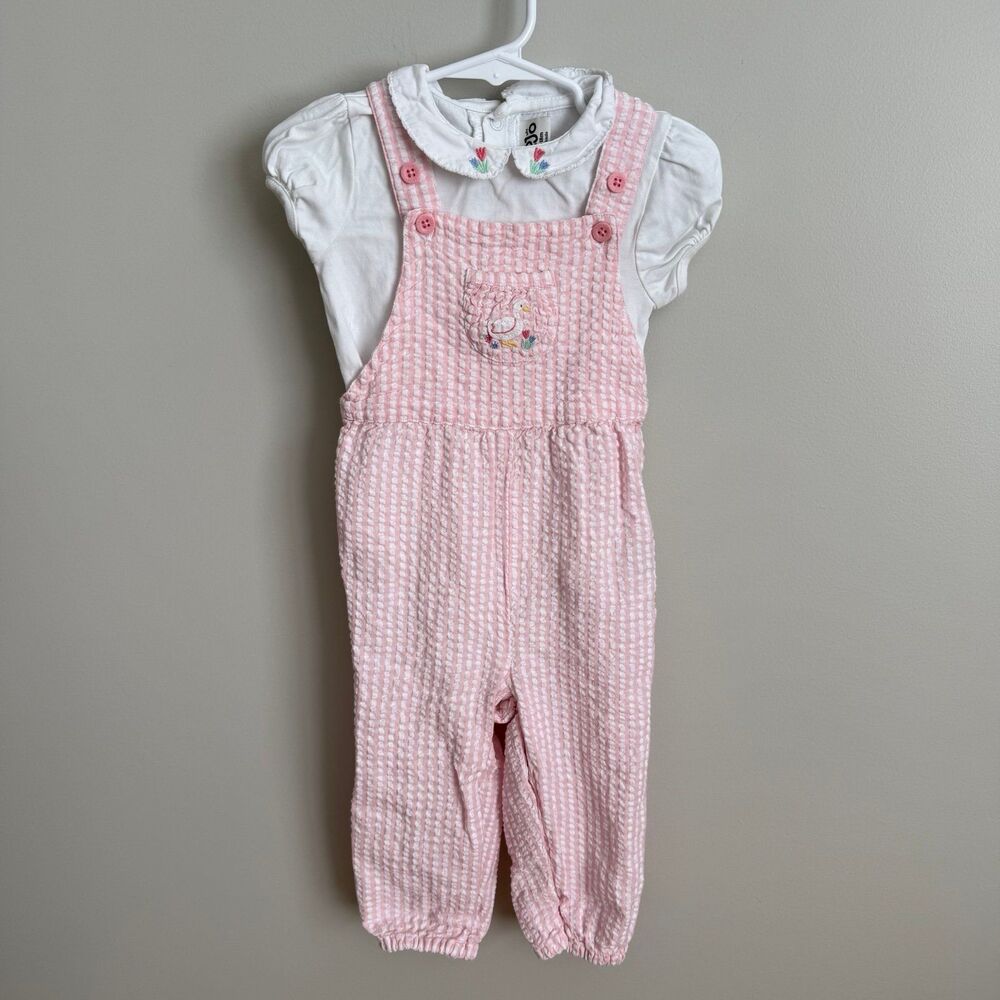 Jojo Maman Bebe 12/18mo Pink Gingham Overalls Set Duckling Peter Pan Collar